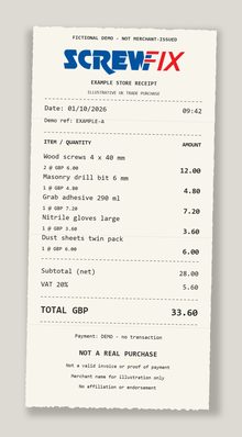 Screwfix fictional receipt preview
